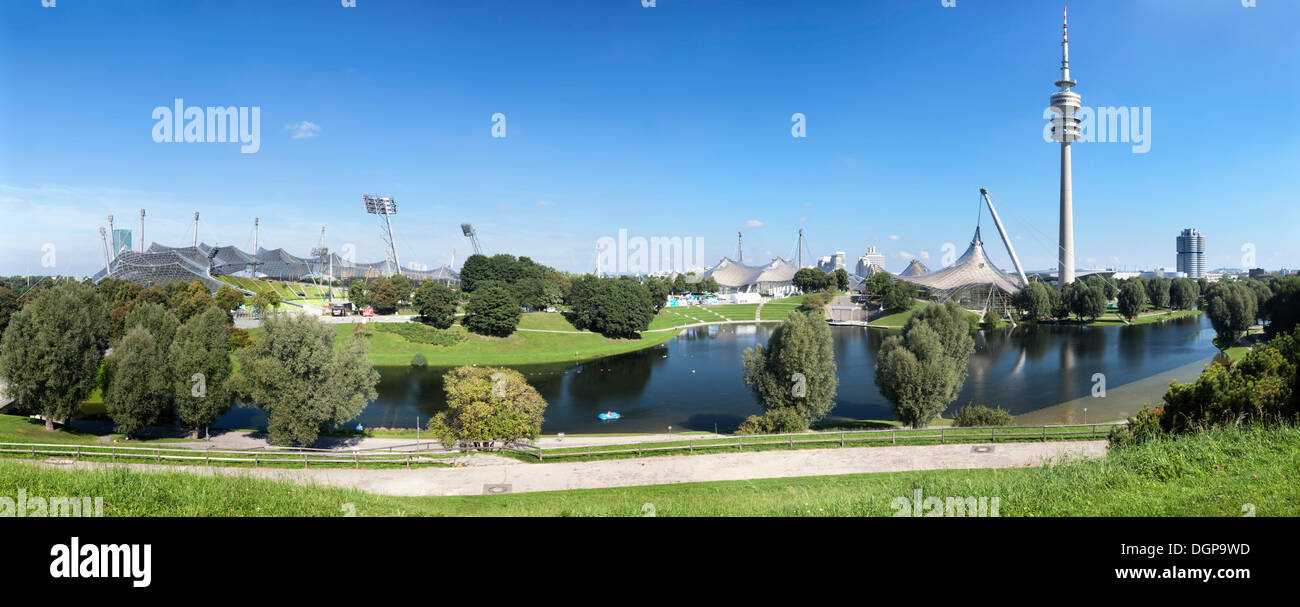 Olympic Park and Olympic Stadium, TV tower, Olympic Hall and BMW Tower, Munich, Upper Bavaria, Bavaria Stock Photo