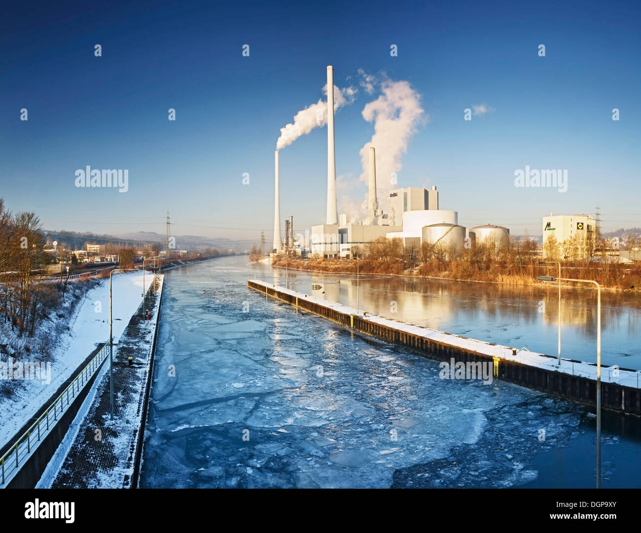 Electricity plant with frozen Neckar river, Altbach, Baden-Wuerttemberg Stock Photo