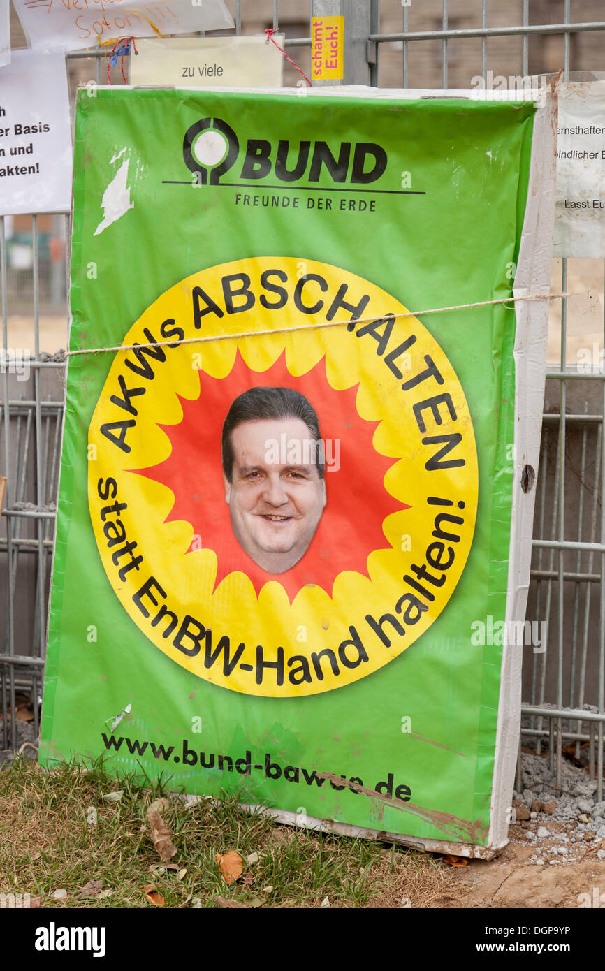 Protest poster "AKWs abschalten statt EnBW-Hand halten", German for "shut down nuclear power plants instead of holding hands Stock Photo