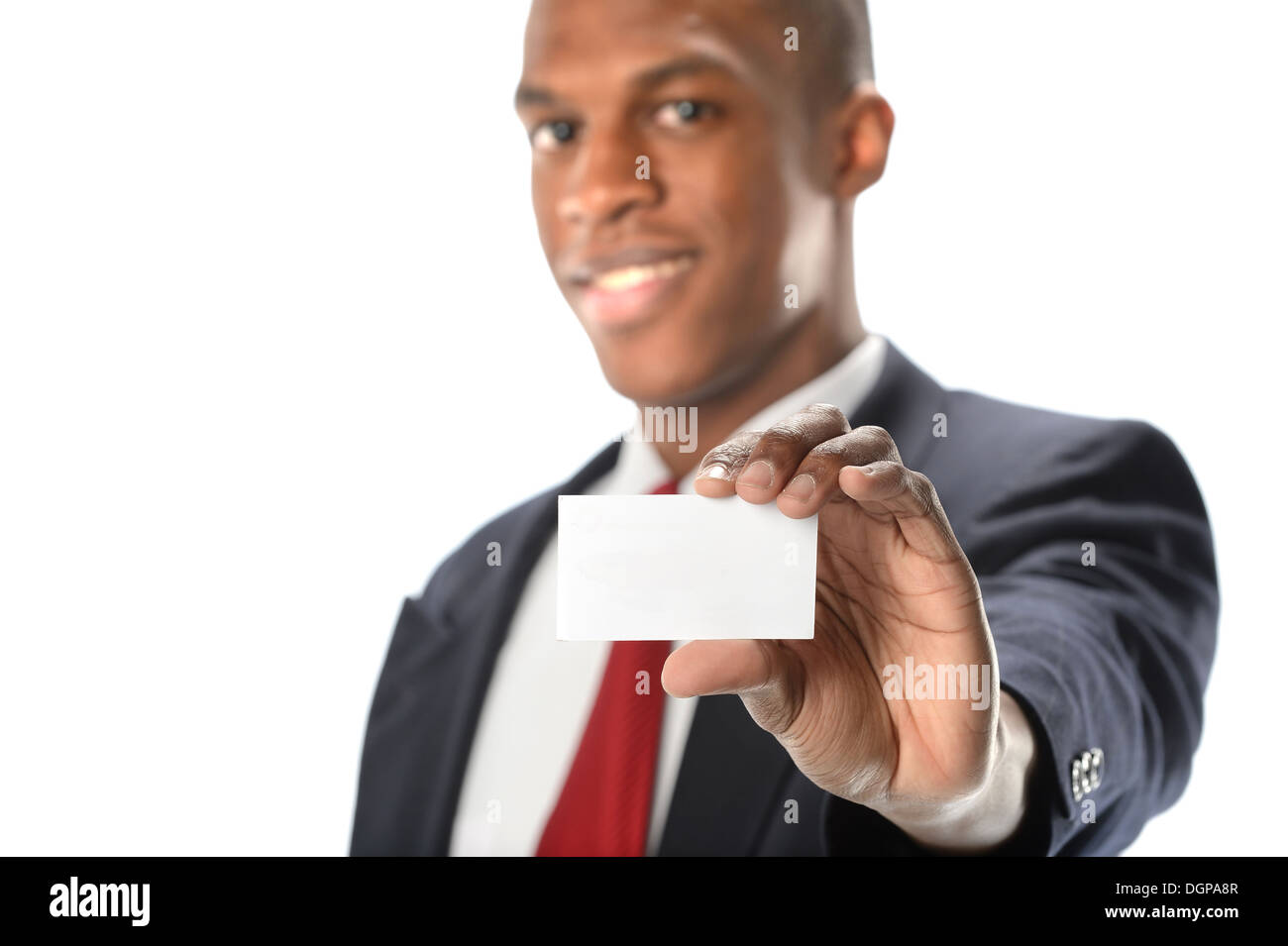 Young African American businessman showing blank card isolated over white background Stock Photo