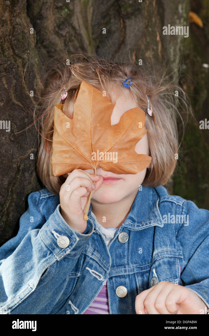 Girl, 4, in autumn holding a leaf in her hand Stock Photo - Alamy