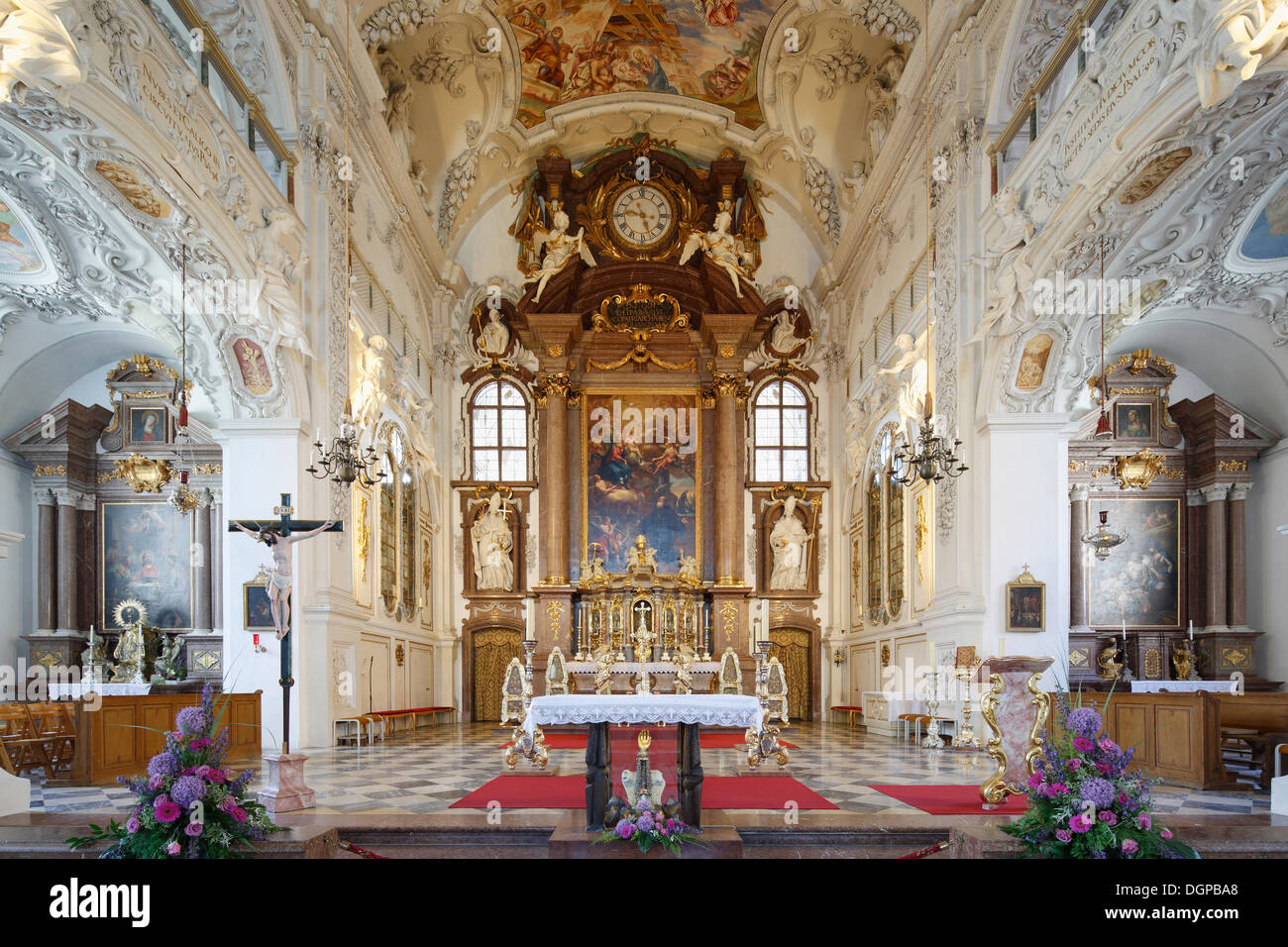 Main altar in the Abbey Church of St. Benedict, Benediktbeuern monastery, Upper Bavaria, Bavaria Stock Photo