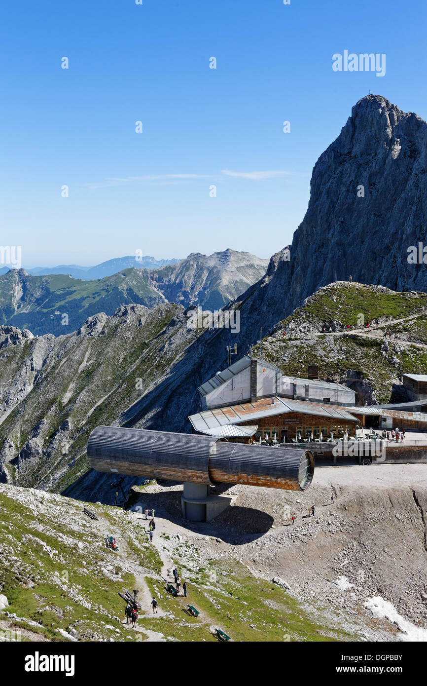 Naturinformationszentrum Bergwelt Karwendel information centre, building shaped like a telescope, Karwendelbahn summit station, Stock Photo