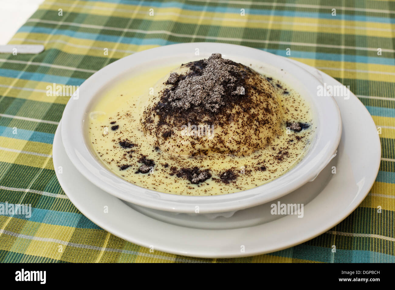 Yeast dumpling with vanilla sauce, Upper Bavaria, Bavaria Stock Photo