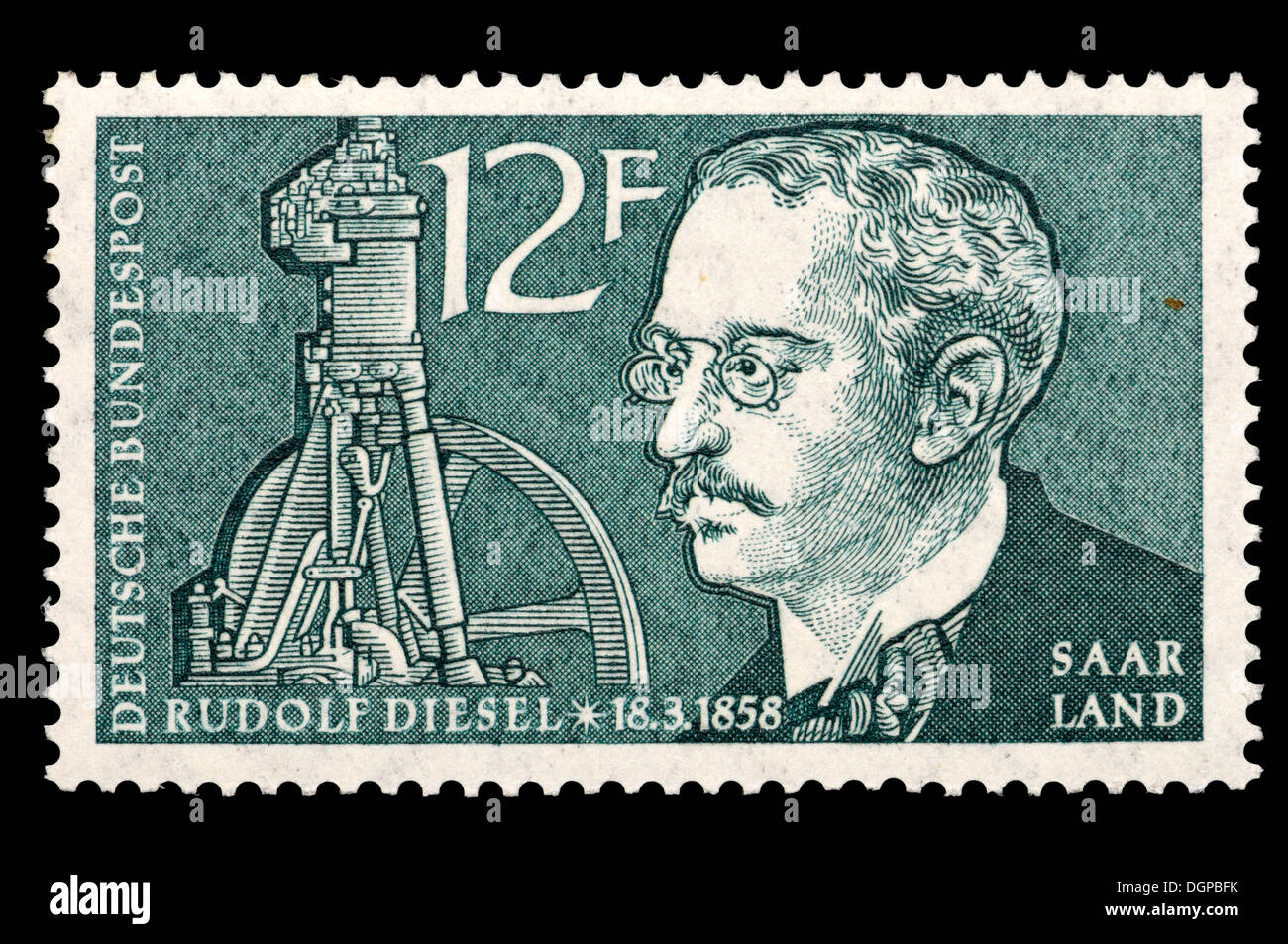 Saarland postage stamp - Rudolf Christian Karl Diesel (1858-1913) German inventor and engineer, inventor of the diesel engine. Stock Photo