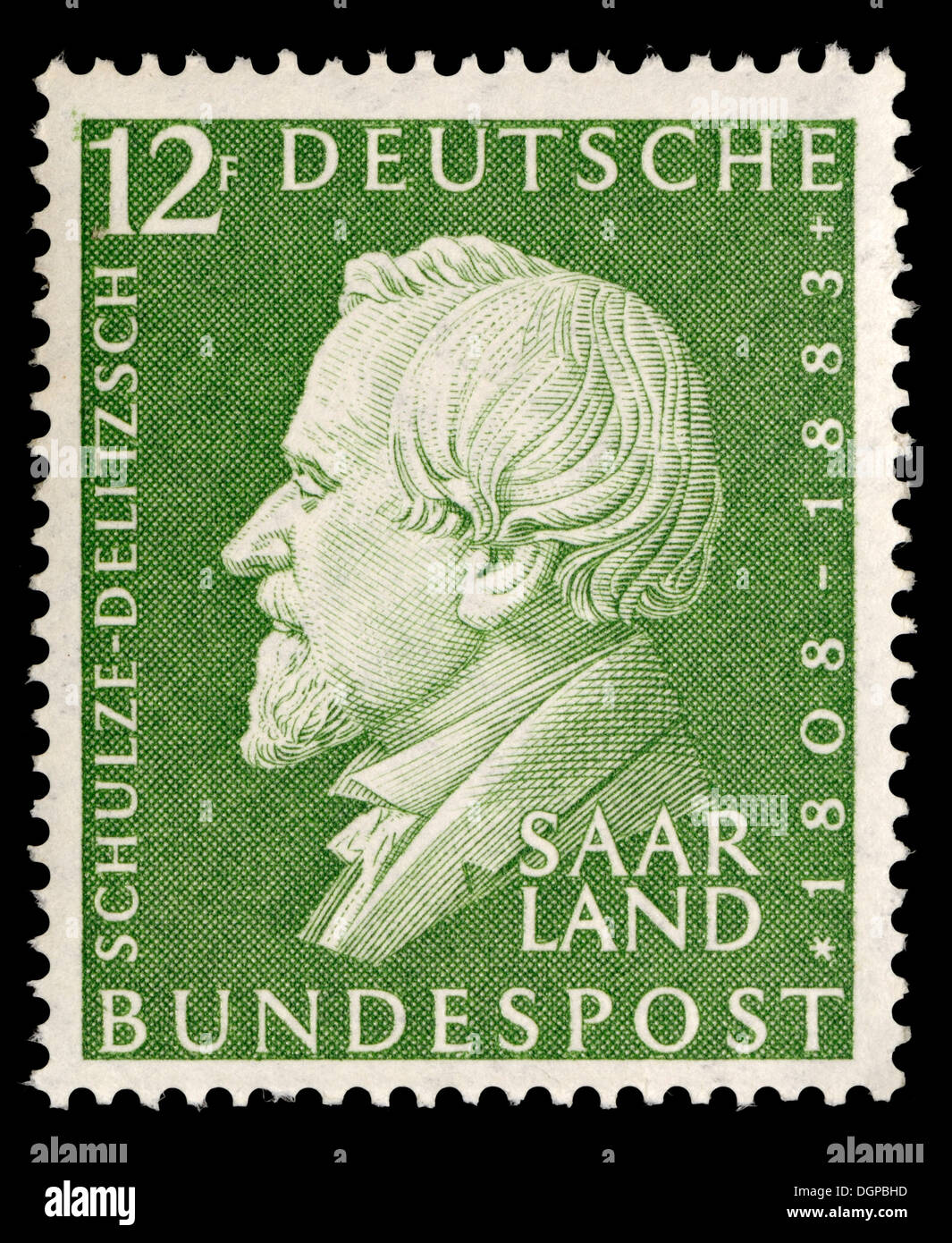 Saarland postage stamp - Franz Hermann Schulze-Delitzsch (1808-1993) German economist responsible for the first credit unions. Stock Photo