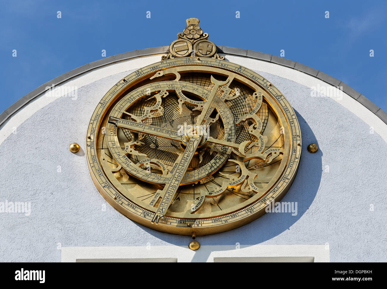 Astrolabe clock on the town hall, Peuerbach, Hausruckviertel region, Upper Austria, Austria, Europe, PublicGround Stock Photo