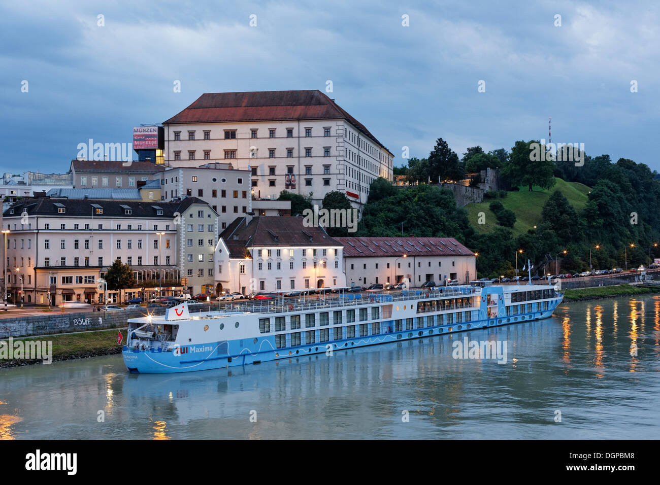 TUI Maxima, a cruise ship floating on the Danube river, Linz Castle at the back, Linz, Upper Austria, Austria, Europe Stock Photo