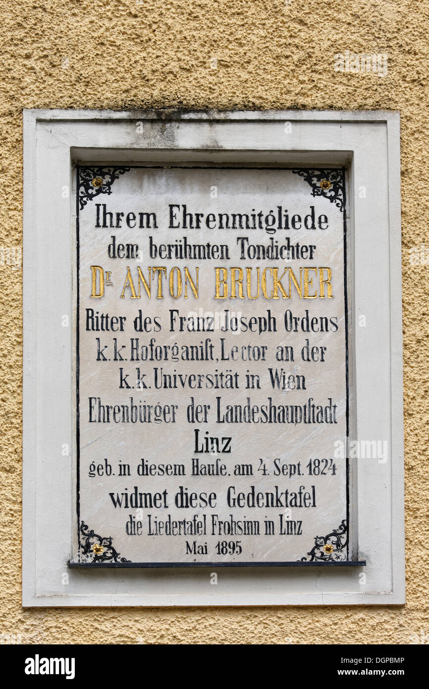 Commemorative plaque on the birth house of Anton Bruckner, Ansfelden, Traunviertel region, Upper Austria, Austria, Europe Stock Photo