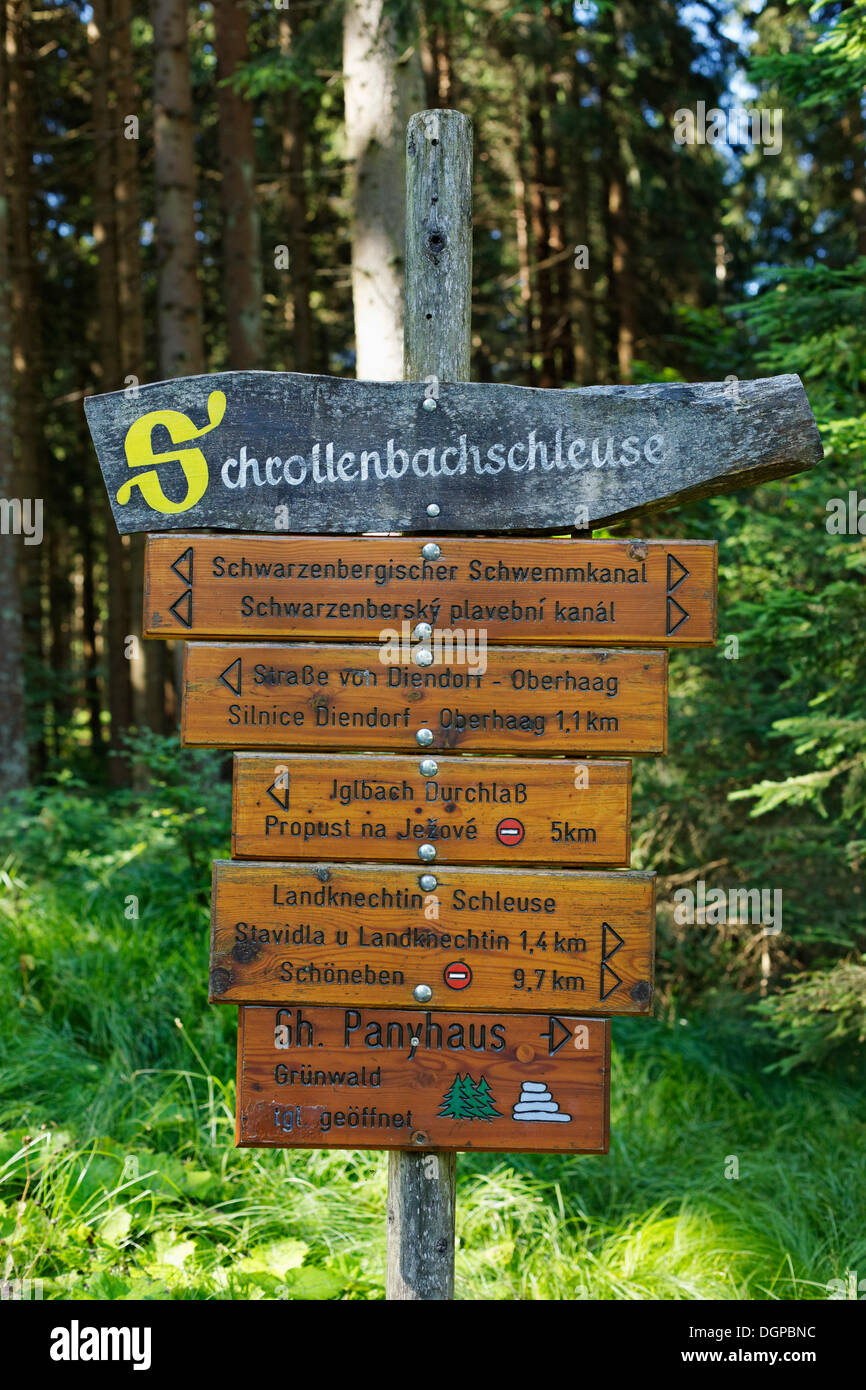 Signpost to Schrollenbachschleuse from Schwarzenberg Navigational Canal, Bohemian Forest, municipality of Schlaegl Stock Photo