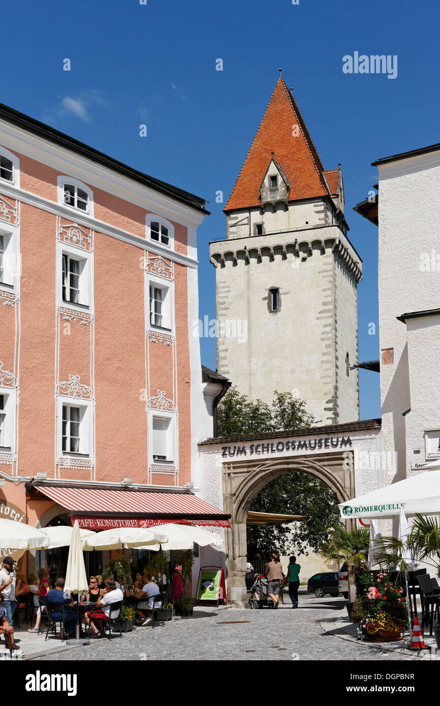 View from the main square to the castle, Freistadt, Muehlviertel region, Upper Austria, Austria, Europe, PublicGround Stock Photo