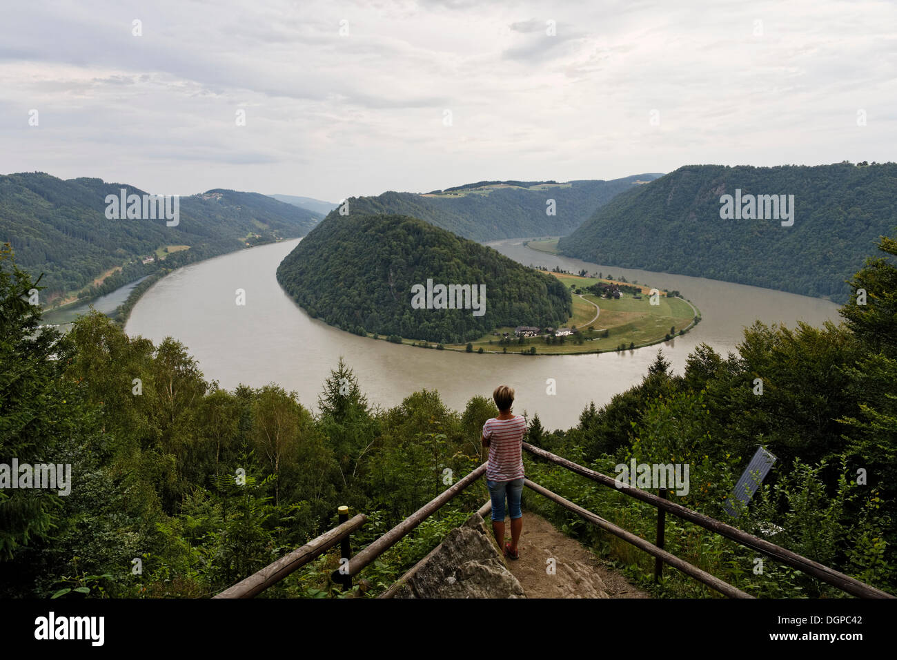 Vantage point over the Danube River at the Schloegen Loop, municipality of Haibach ob der Donau, Hausruckviertel region Stock Photo