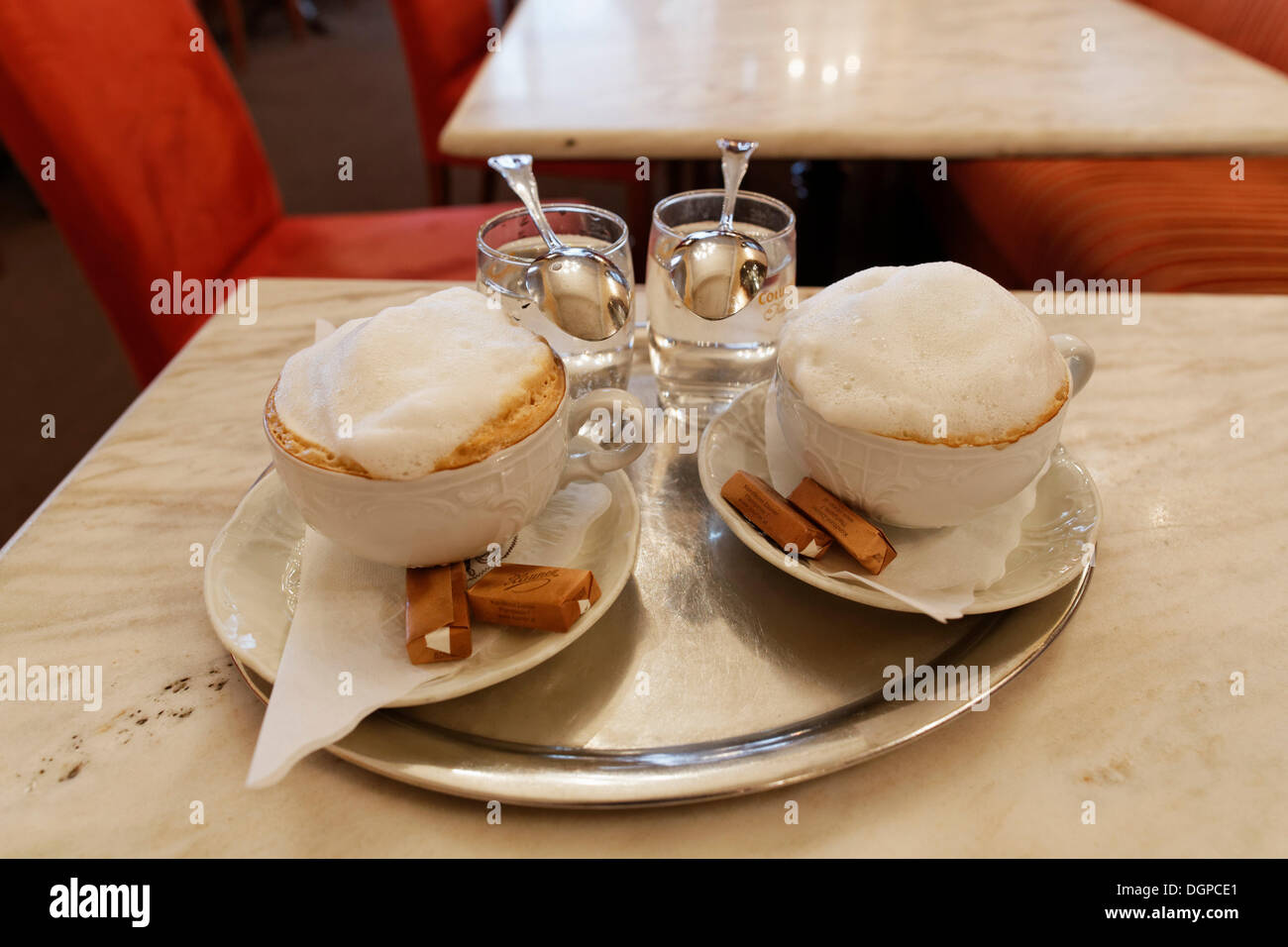 Two cups of Melange coffee, Zauner Café, Bad Ischl, Salzkammergut resort area, Traunviertel region, Upper Austria, Austria Stock Photo