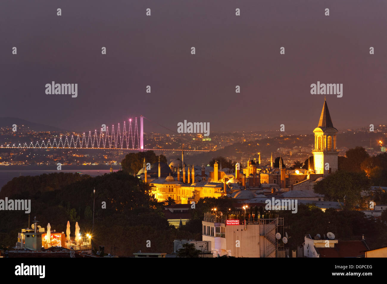 Topkapi Palace and the Bosphorus Bridge, Istanbul, european side, Turkey, Europe Stock Photo