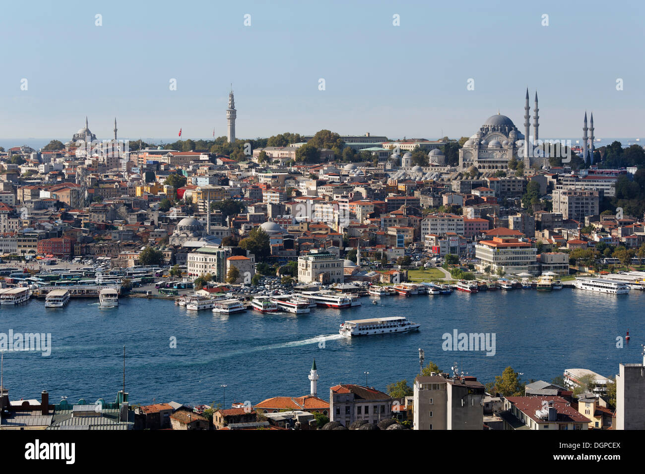 Golden Horn with the Eminönü neighbourhood, Beyazit Tower, left, Süleymaniye Mosque, right, view from Galata Tower, Istanbul Stock Photo