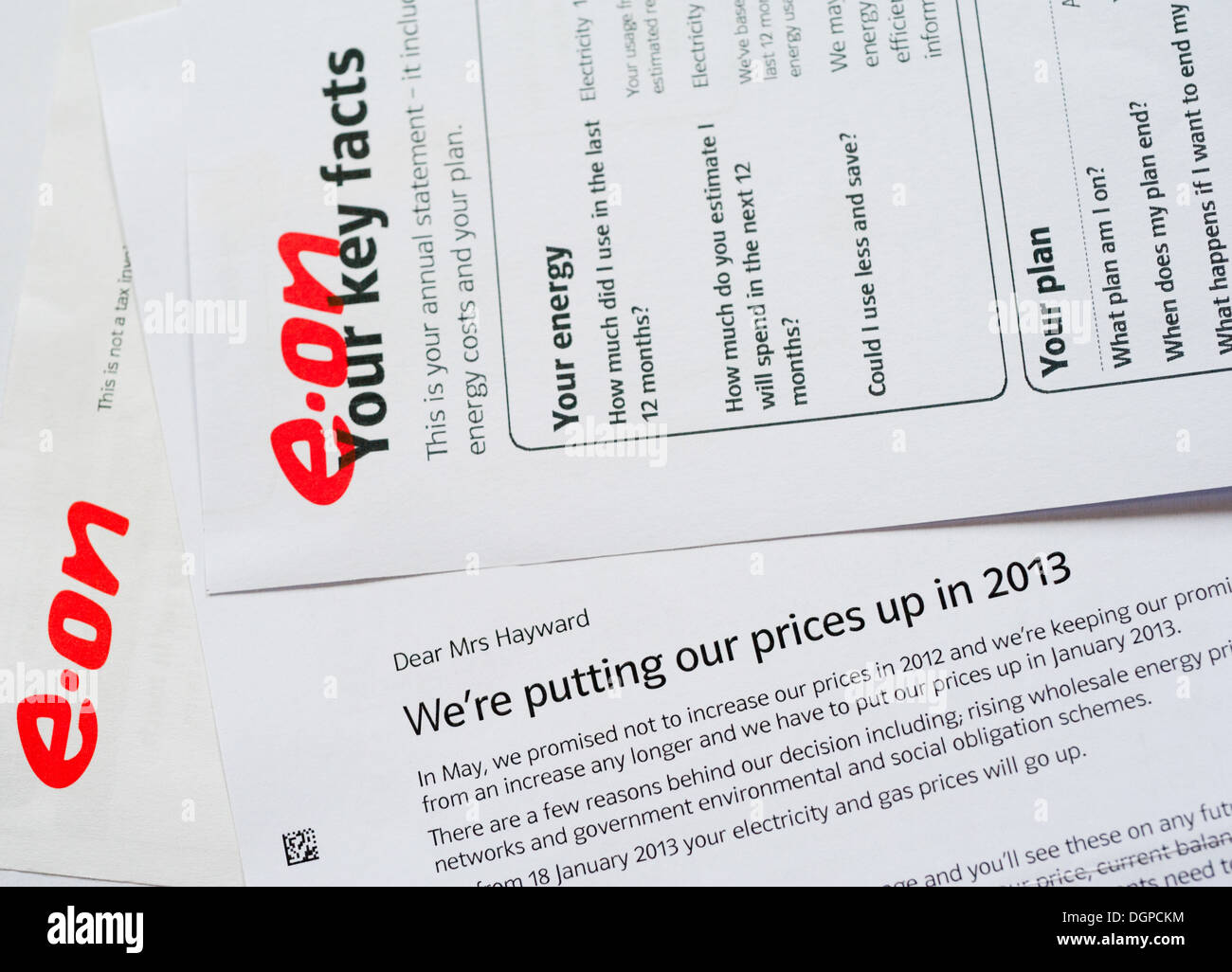 E.ON letters announcing energy price rise in 2013 Stock Photo