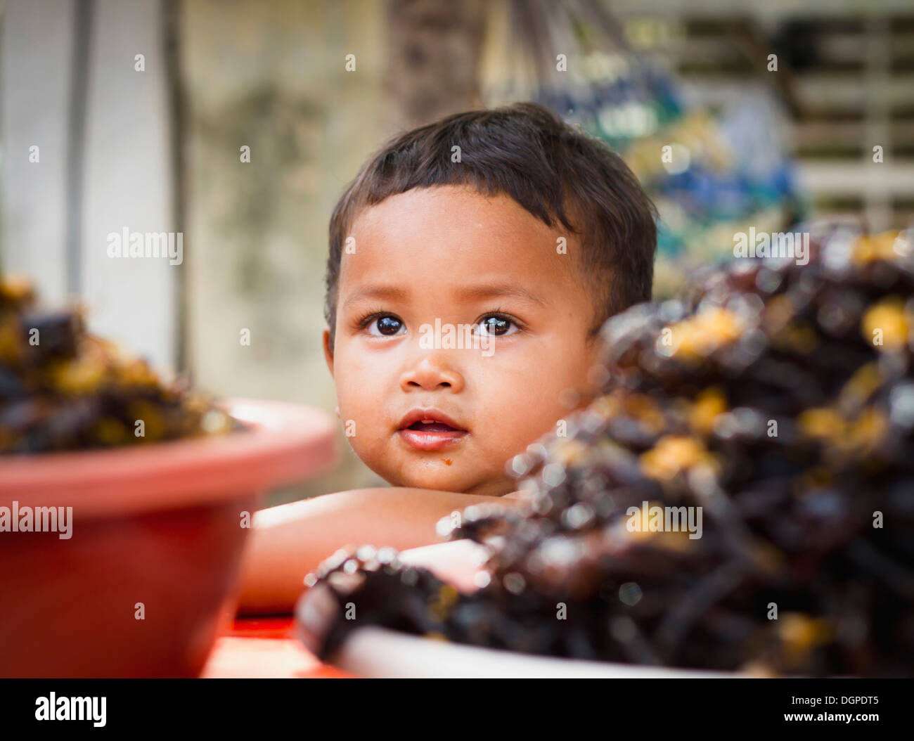 Cambodia, Baby boy behind fried tarantula spiders Stock Photo