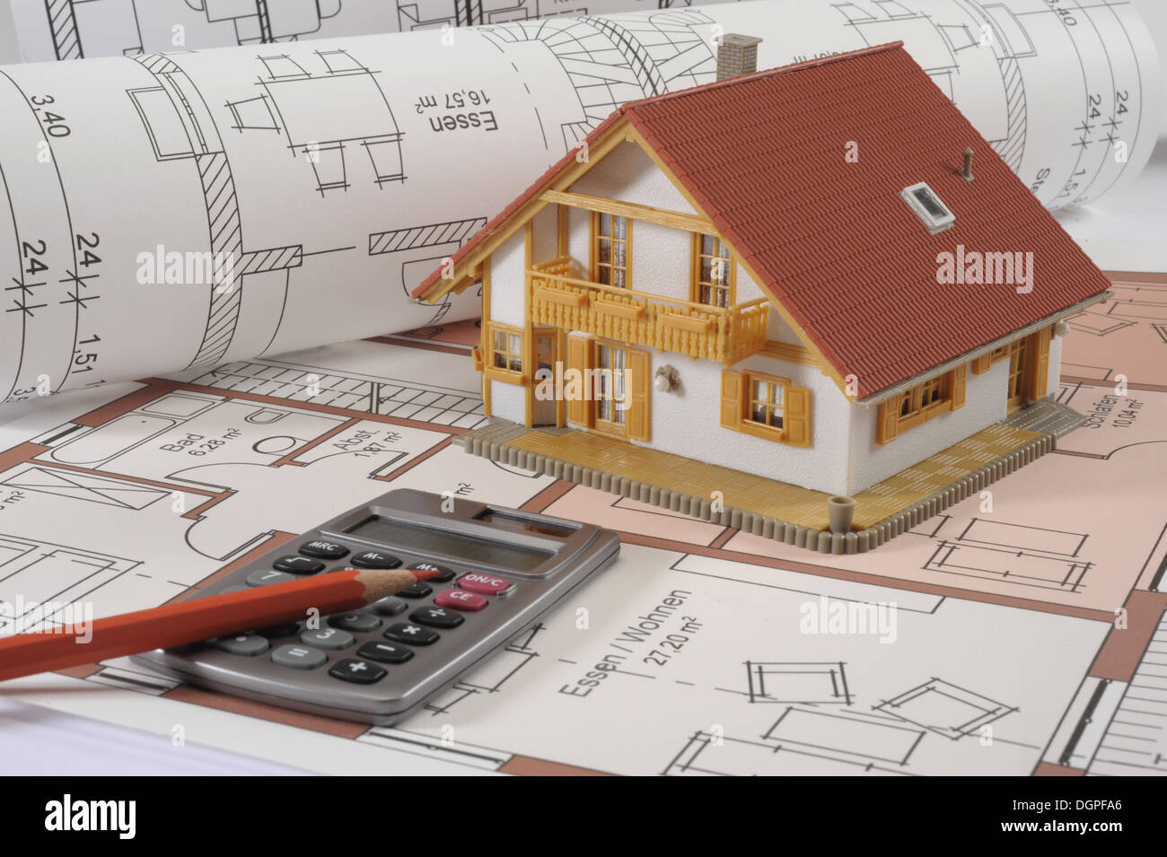 architectural building plan with model house Stock Photo