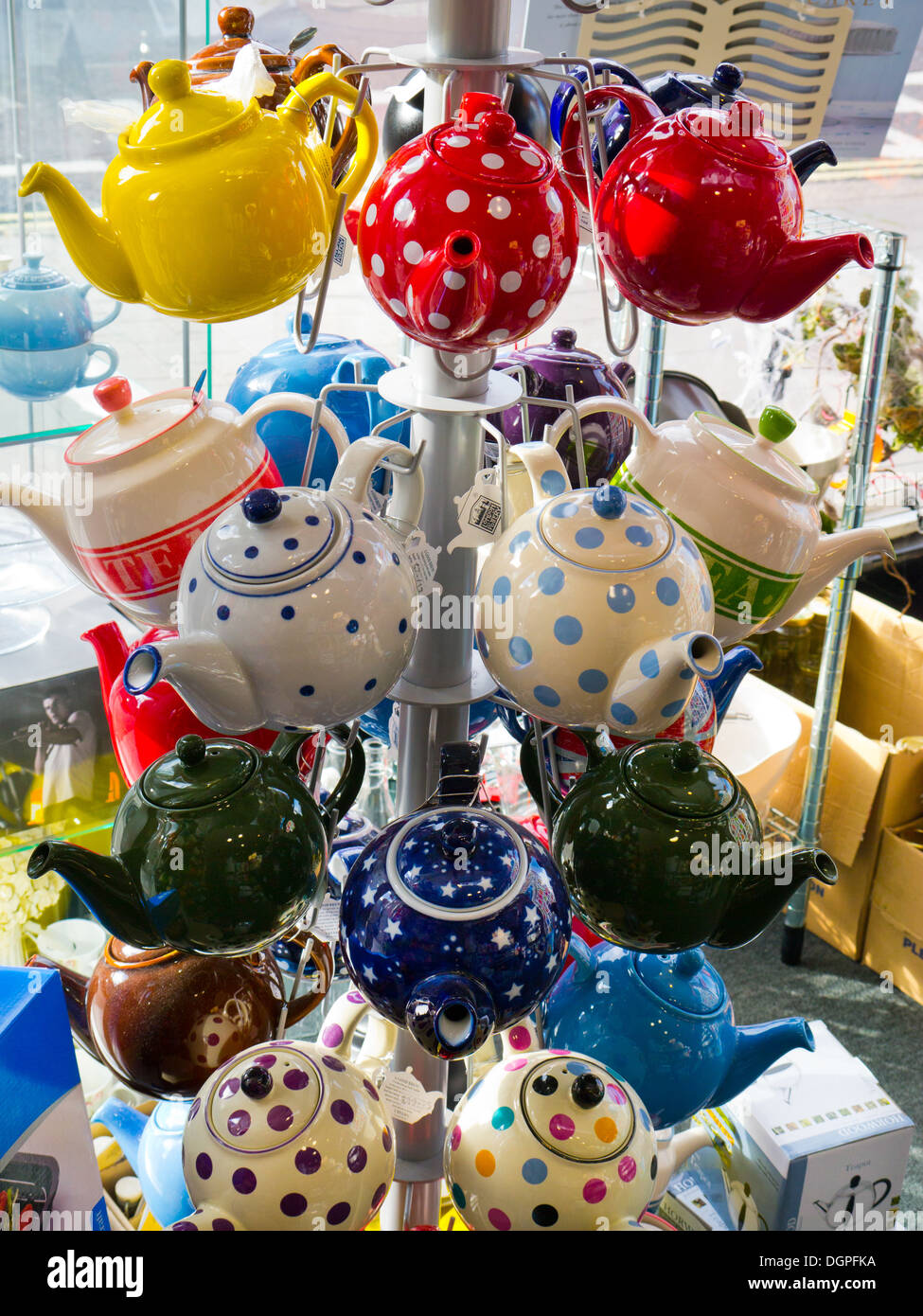 A display of teapots in a shop, Newport, Shropshire, England Stock