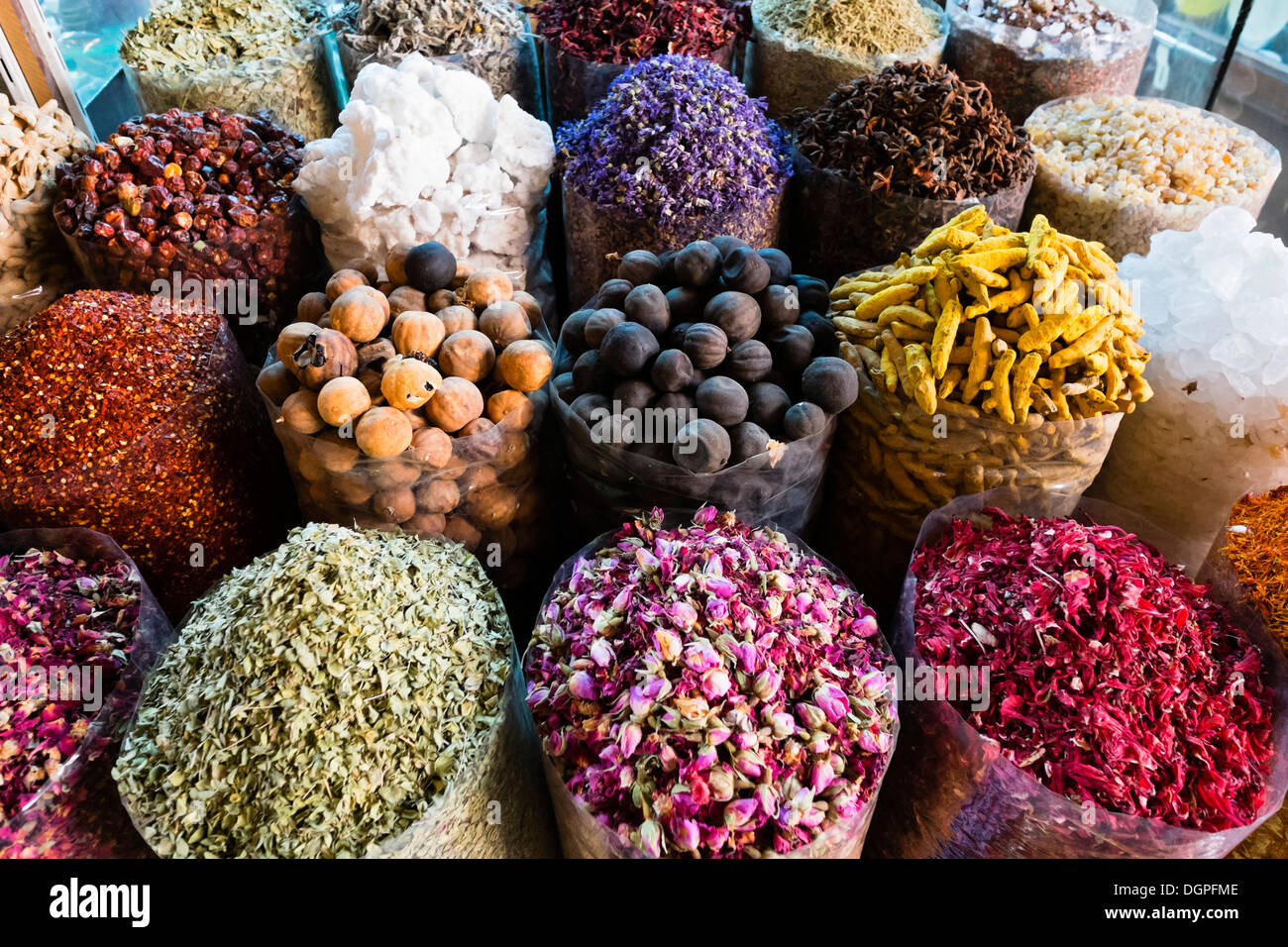 Spices and herbs for sale at Spice Souk in Deira Dubai United Arab Emirates Stock Photo