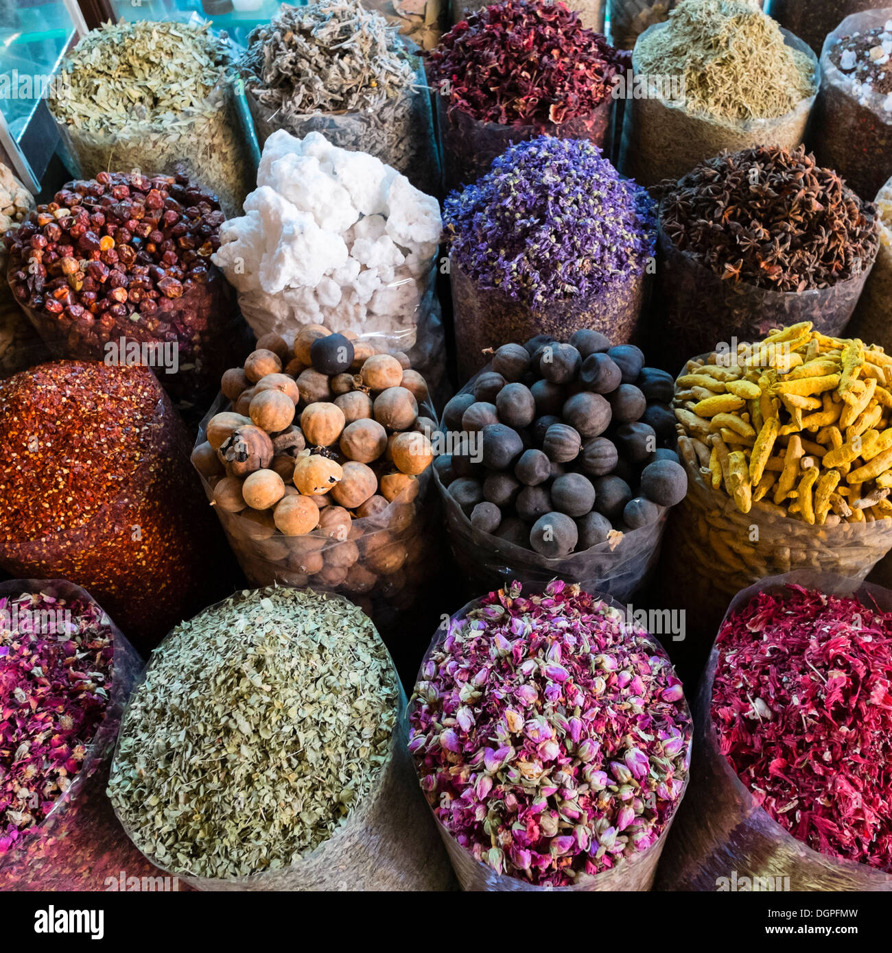 Spices and herbs for sale at Spice Souk in Deira Dubai United Arab Emirates Stock Photo