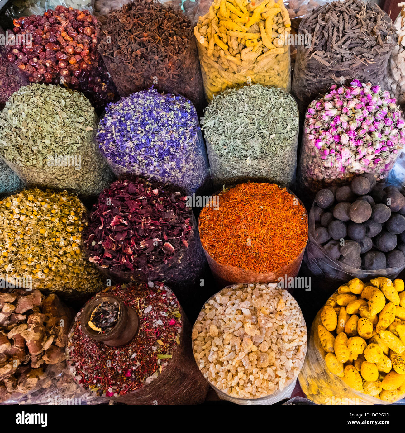 Spices and herbs for sale at Spice Souk in Deira Dubai United Arab Emirates Stock Photo