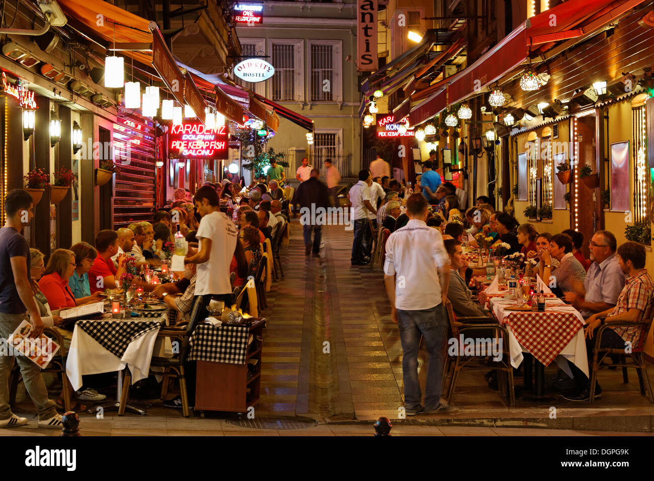 Restaurants in Bestekar Osman Sokak, Old City Sultanahmet, Istanbul, Turkey, Europe Stock Photo