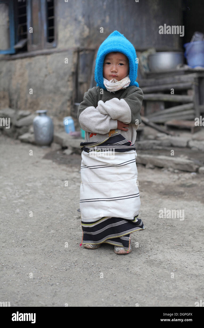 Tribal child in traditional dress, Mimo village, Nagaland, India. Stock Photo