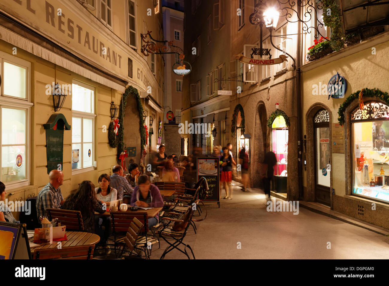 Restaurant of the Goldene Ente Hotel, Goldgasse alley, old town of Salzburg, Austria, Europe, PublicGround Stock Photo