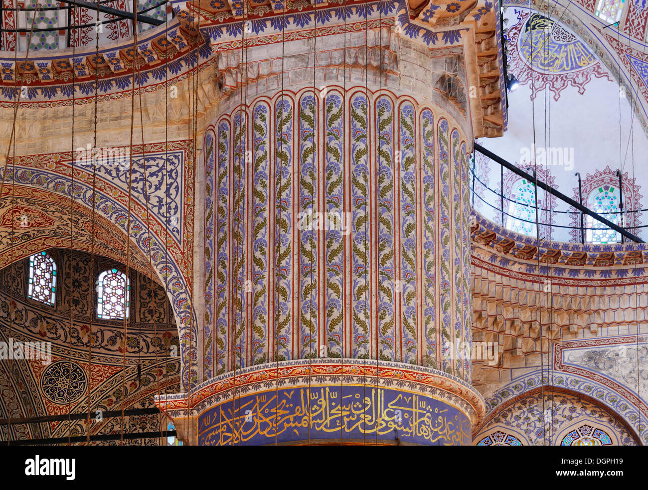 Interior view, column decorated with Iznik ceramics, tiles, Blue Mosque, Sultan Ahmed Mosque or Sultanahmet Camii, Istanbul Stock Photo