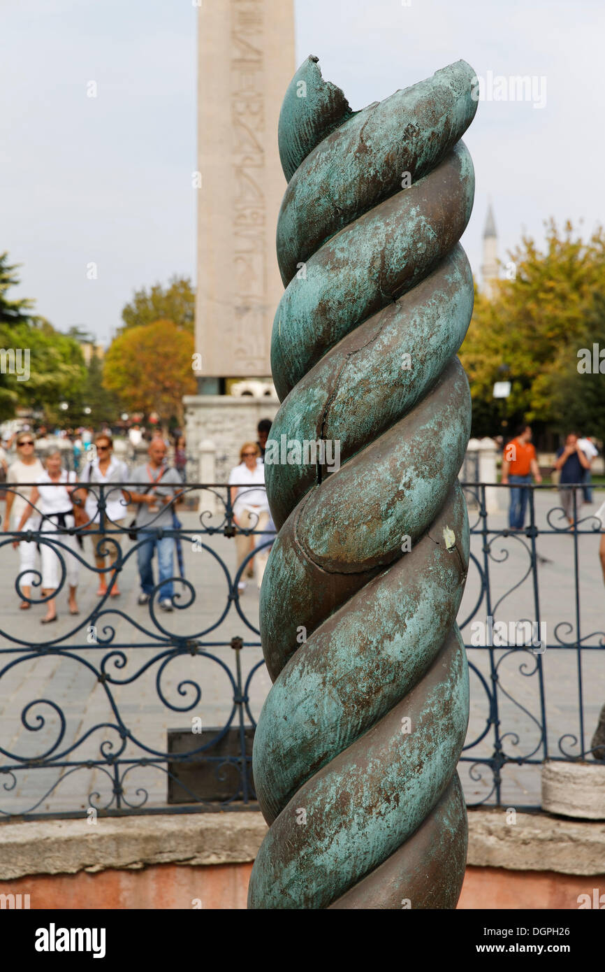 Serpentine Column, in the rear the Obelisk of Thutmosis III, Hippodrome or At Meydani square, Istanbul, European side Stock Photo