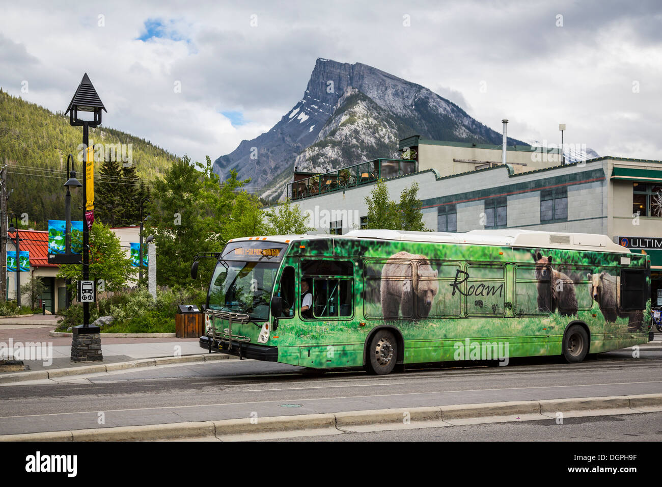 Public transportation bus service in Banff town-site, Banff National Park, Alberta, Canada. Stock Photo