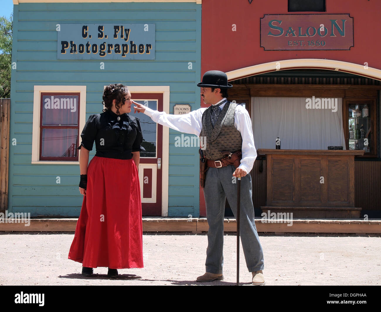 Actors portraying Big Nose Kate and Doc Holliday in a recreation of Gunfight at the O.K. Corral in Tombstone, Arizona, USA Stock Photo