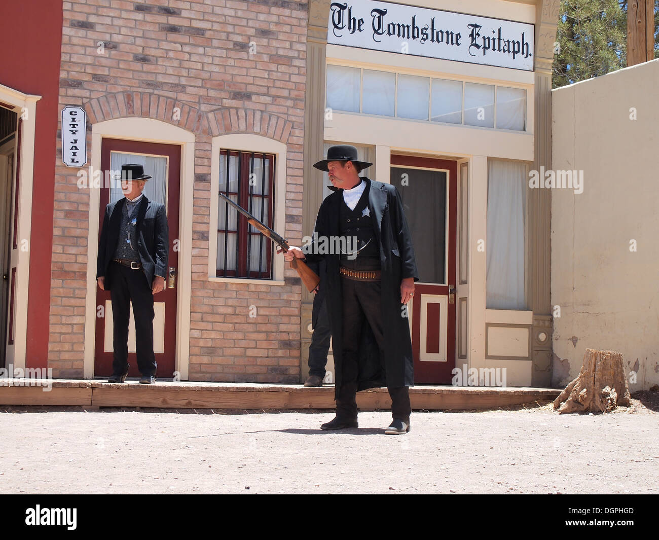 Actors portraying brothers Virgil Earp and Wyatt Earp in a recreation of Gunfight at the O.K. Corral in Tombstone, Arizona, USA Stock Photo