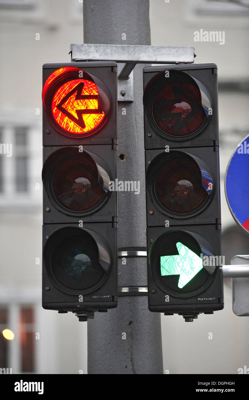traffic lights with red and green arrows Stock Photo