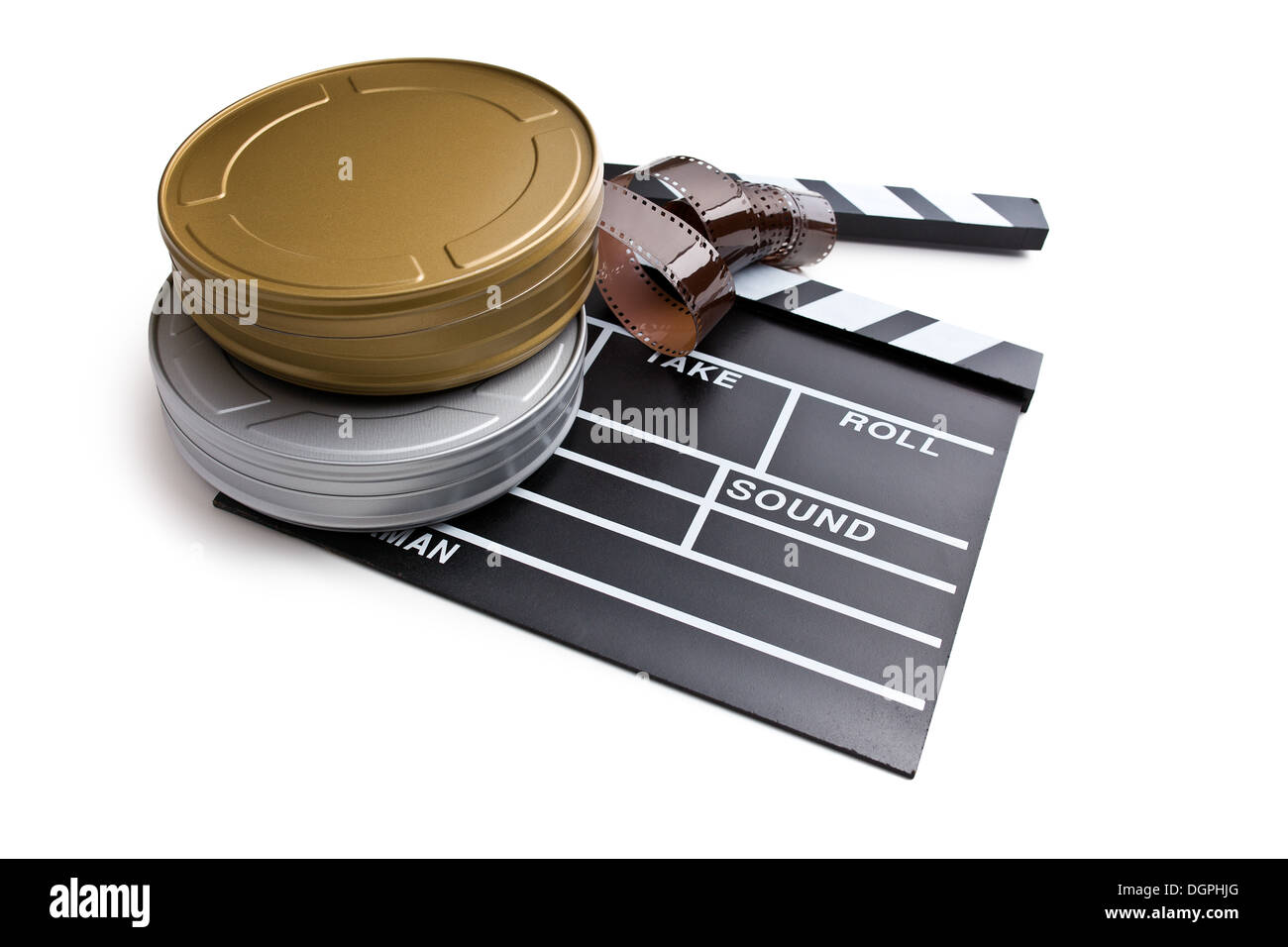 clapper board with film reels on white background Stock Photo