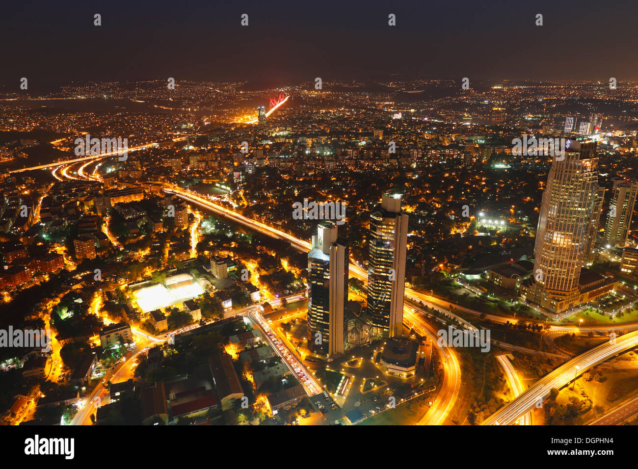 View from Istanbul Sapphire over the financial district and the Bosphorus at night, Levent, Besiktas, Istanbul, European side Stock Photo
