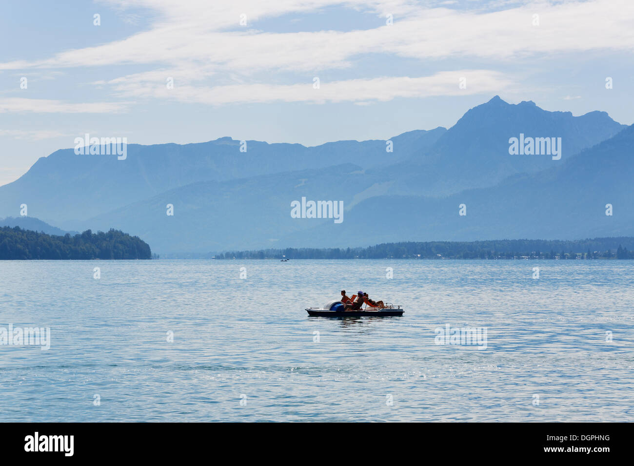 Pedal boat on Lake Wolfgang, Sankt Gilgen, Salzkammergut, Salzburg State, Austria Stock Photo