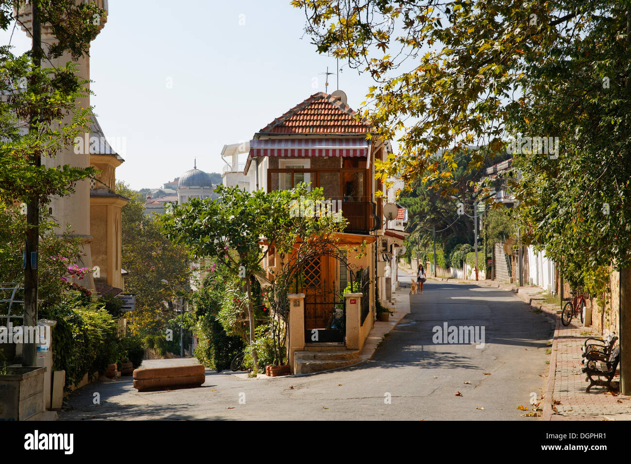 Residential street in Burgazada, Burgazada, Prince Islands, Istanbul, Asian side, Istanbul Province, Turkey Stock Photo