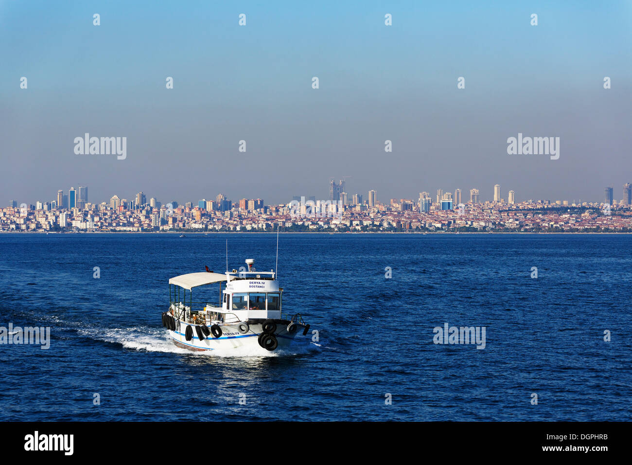 Fishing boat on the Marmara Sea with the Asian side of Istanbul, Istanbul, Asian side, Istanbul Province, Turkey Stock Photo