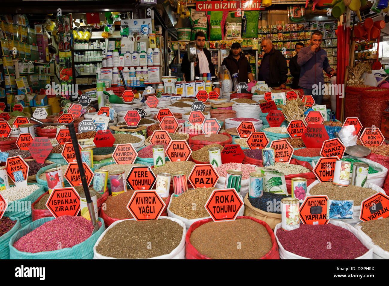 Beans and other foodstuffs in bags, Egyptian Bazaar or Spice Bazaar, Misir Çarşısı, Eminönü, Istanbul, European side Stock Photo
