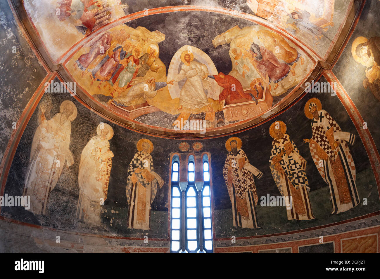 Anastasis fresco and Church Fathers wearing bishop's robes in the Parekklesion or Funeral Chapel, Chora Church or Kariye Camii Stock Photo
