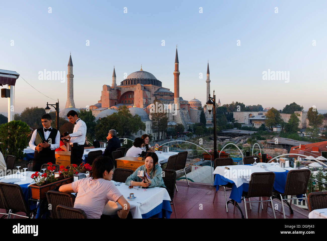 Rooftop terrace of the Seven Hills Restaurant, Hagia Sophia at back, Sultanahmet, Istanbul, European side, Istanbul Province Stock Photo