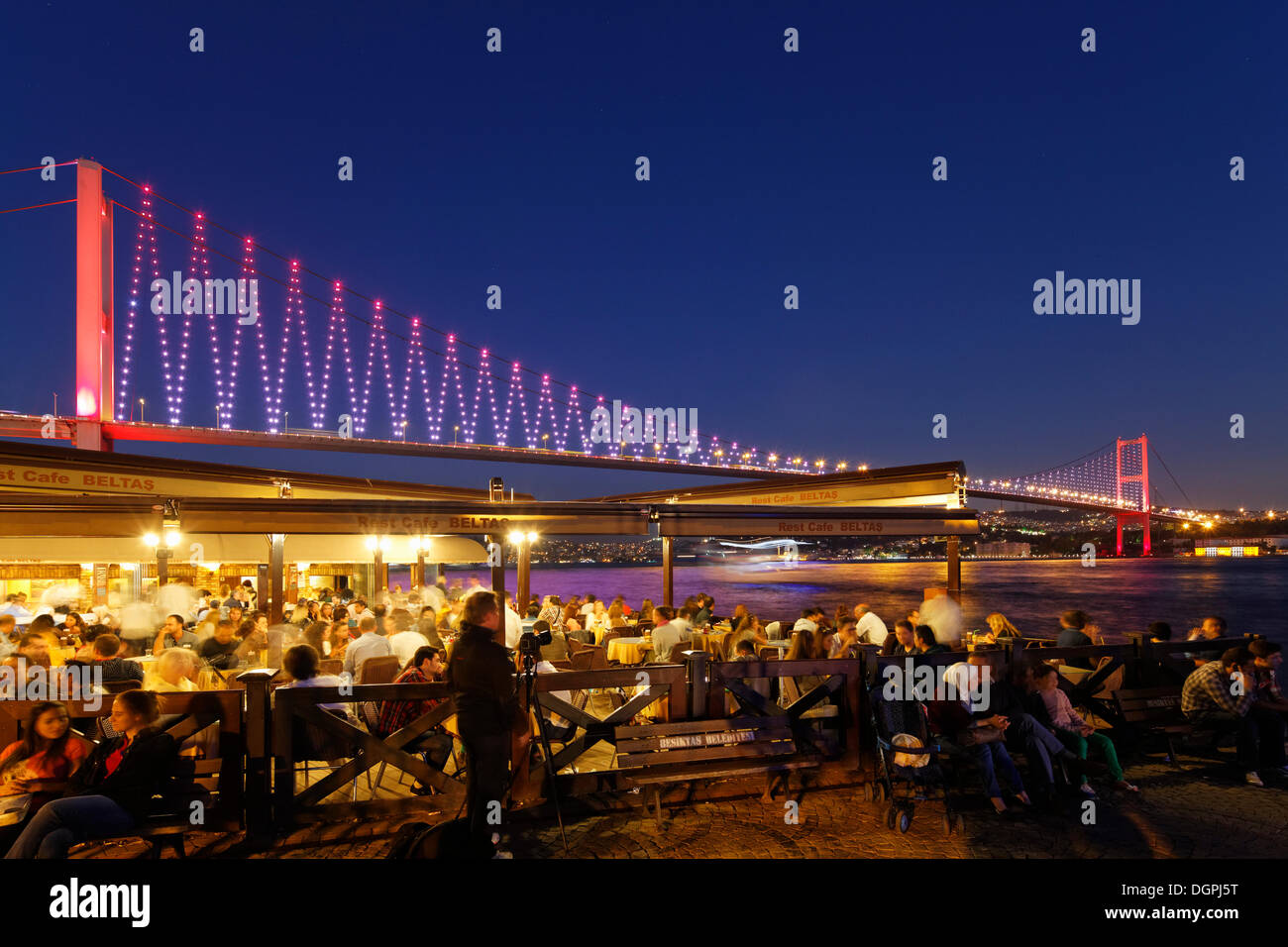 Restaurant on the Bosphorus with the Bosphorus Bridge, Ortaköy, Besiktas, Istanbul, Istanbul Province, Turkey Stock Photo