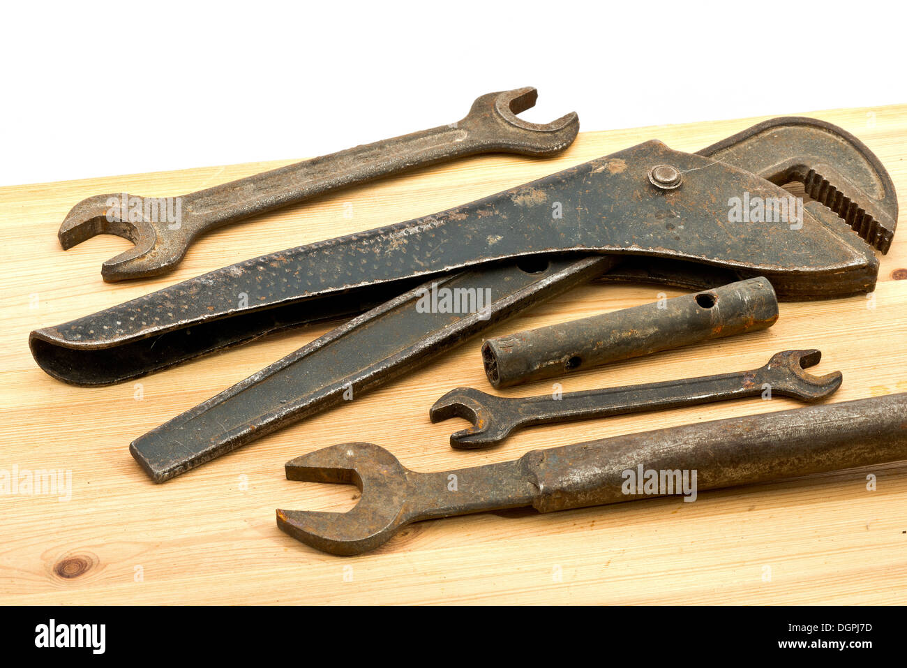 old used tools on the wooden desk Stock Photo