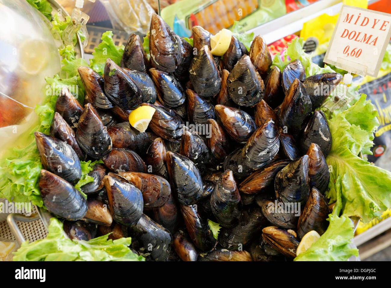 Mussels, market district, Kadiköy, Istanbul, Asian side, Istanbul Province, Turkey Stock Photo