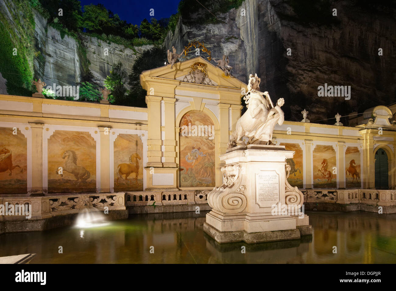 Pferdeschwemme, horse pond at night, Herbert-von-Karajan-Platz, Altstadt, Salzburg, Salzburg State, Austria Stock Photo