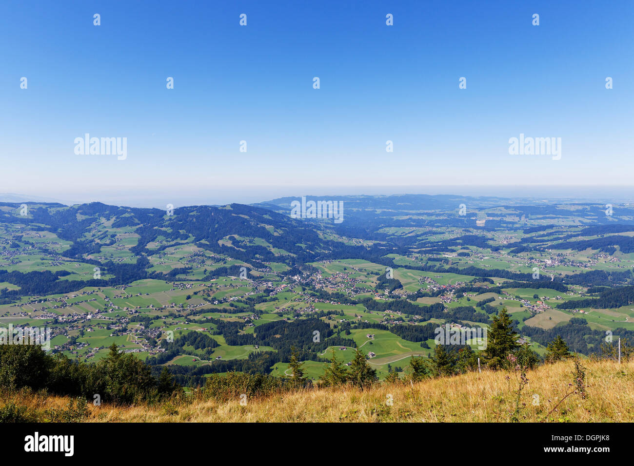 View from Mount Niedere with the villages of Egg, centre, and Grossdorf, right, Berg Niedere, Andelsbuch, Egg, Bregenzerwald Stock Photo