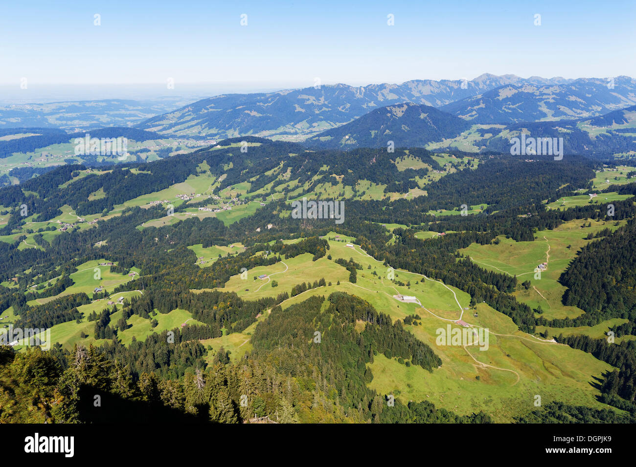 View from Mount Vordere Niedere towards the north, Berg Niedere, Andelsbuch, Bregenzerwald, Bregenzer Wald, Vorarlberg, Austria Stock Photo