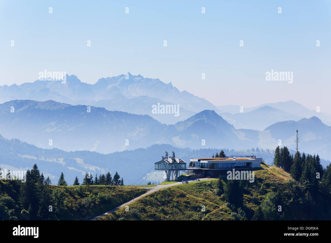 Niedere cable car station, at back the Alpstein massif in the Appenzell Alps, Switzerland, Berg Niedere, Andelsbuch Stock Photo